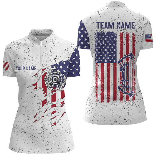 Personalized White Grunge US Flag Target Archery 3D Quarter-Zip Shirts For Women, Bow Archery Shirts VHM0988