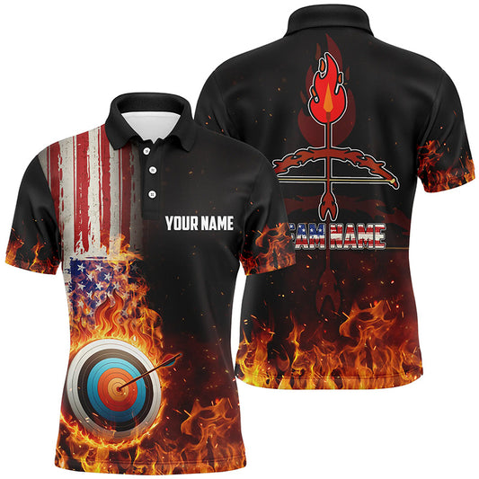 Personalized US Flag Flaming Target Archery 3D Polo Shirts For Men, Fire Bow Arrow Archery Jerseys VHM0989
