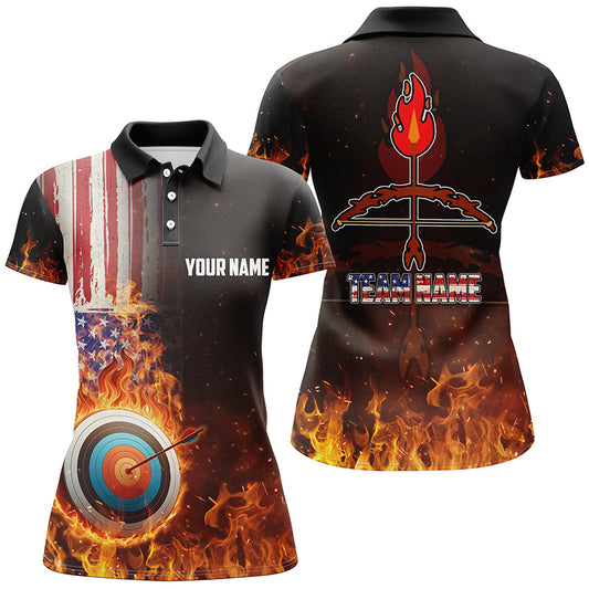 Personalized US Flag Flaming Target Archery 3D Polo Shirts For Women, Fire Bow Arrow Archery Jerseys VHM0989