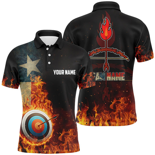 Personalized Texas Flag Flaming Target Archery 3D Polo Shirts For Men, Fire Arrow Archery Jerseys VHM0990