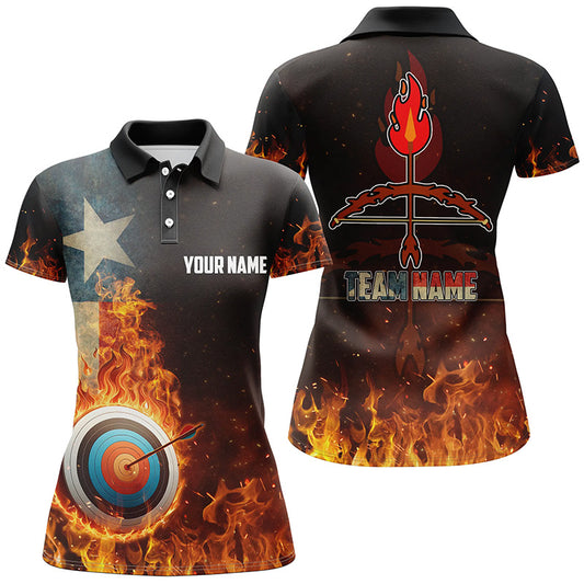 Personalized Texas Flag Flaming Target Archery 3D Polo Shirts For Women, Fire Arrow Archery Jerseys VHM0990