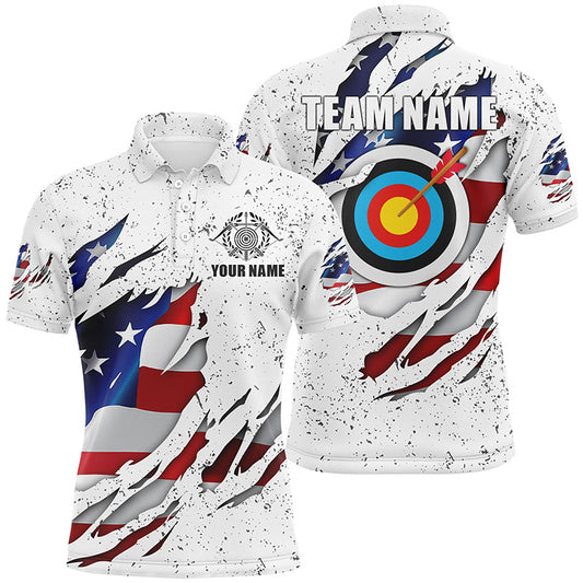 Personalized White Grunge US Flag Target Archery 3D Polo Shirts For Men, Custom Archery Team Shirts VHM0991