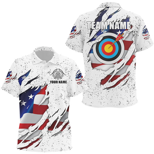 Personalized White Grunge US Flag Target Archery 3D Polo Shirts For Kids, Custom Archery Team Shirts VHM0991