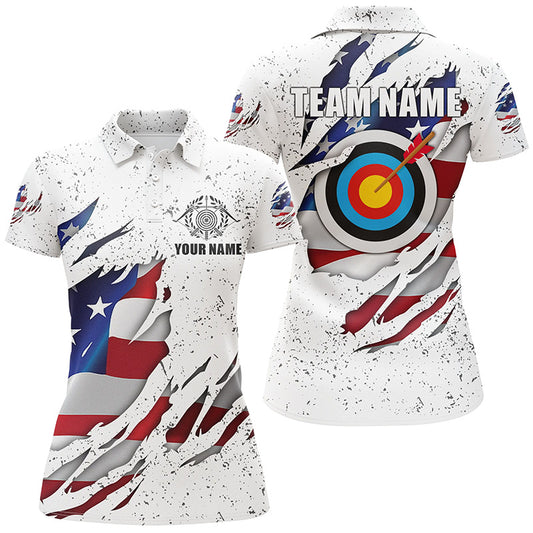 Personalized White Grunge US Flag Target Archery 3D Polo Shirts For Women, Custom Archery Team Shirts VHM0991