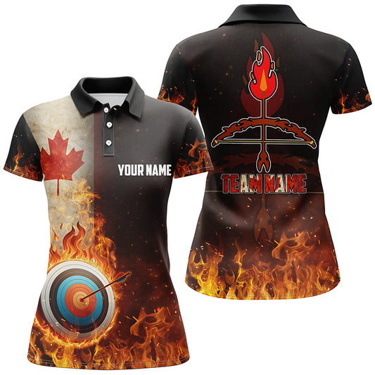Personalized Canadian Flag Flaming Target Archery 3D Polo Shirts For Women, Archery Team Jerseys VHM0997