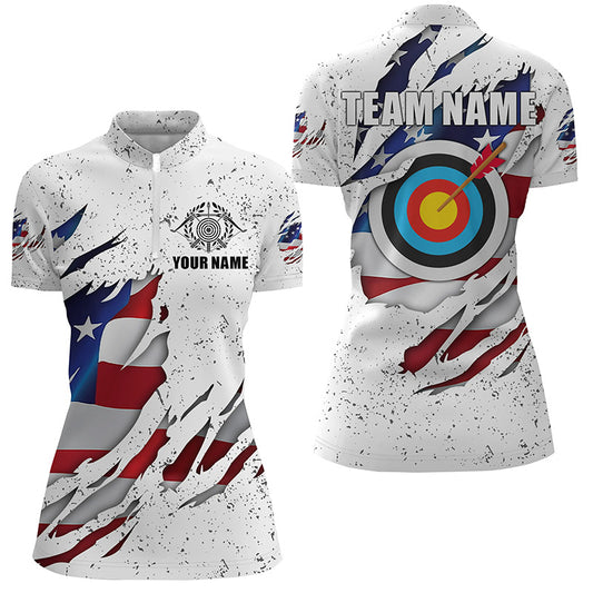 Personalized White Grunge US Flag Target Archery 3D Quarter-Zip Shirts For Women, Archery Team Shirts VHM0991