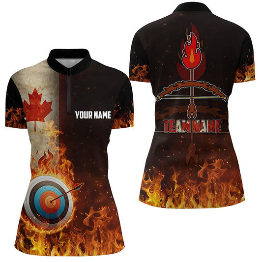 Personalized Canadian Flag Flaming Target Archery 3D Quarter-Zip Shirts For Women, Archery Jerseys VHM0997