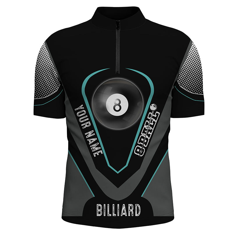 Personalized Style Black Blue 8 Ball Billiard 3D Quarter-Zip Shirts For Men, 8 Ball Pool Jerseys VHM1065