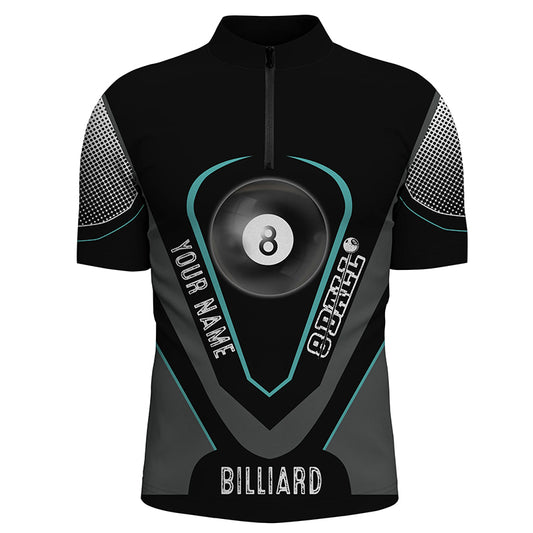 Personalized Style Black Blue 8 Ball Billiard 3D Quarter-Zip Shirts For Men, 8 Ball Pool Jerseys VHM1065