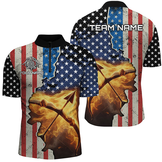 Personalized US Flag Archery Bow And Arrow Fire 3D Quarter-Zip Shirts For Men, Archery Team Jerseys VHM1073