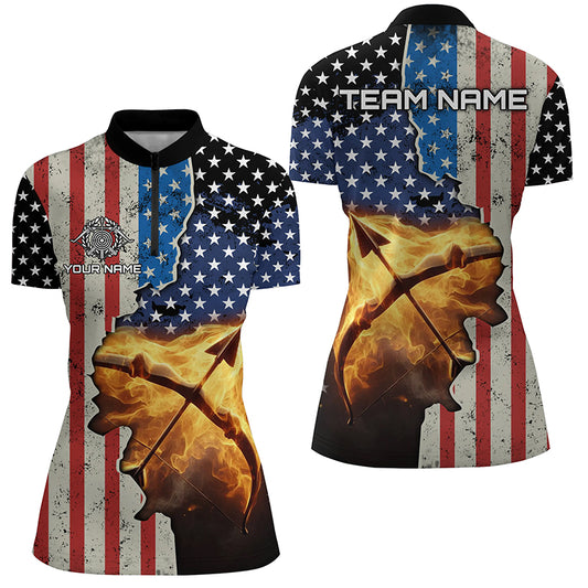 Personalized US Flag Archery Bow And Arrow Fire 3D Quarter-Zip Shirts For Women, Archery Team Jerseys VHM1073