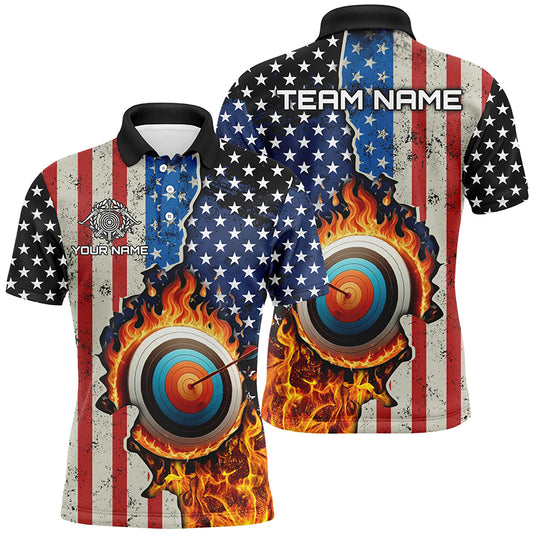 Personalized US Flag Flame Target Archery 3D Polo Shirts For Men, Custom Archery Team Shirts Design VHM1076