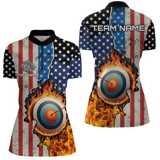 Personalized US Flag Flame Target Archery 3D Quarter-Zip Shirts For Women, Archery Team Shirts Design VHM1076