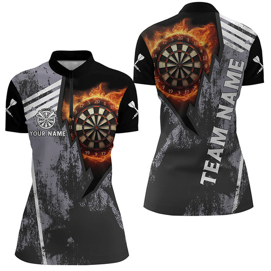 Personalized Grunge Black Flame Dartboard Dart Quarter-Zip Shirt Custom 3D Dart Shirts For Women VHM1078