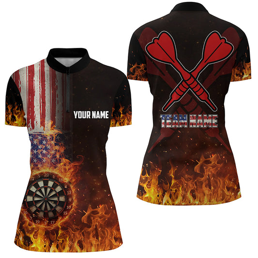Personalized US Flag Fire Dartboard Dart 3D Quarter-Zip Shirt For Women, Patriotic Women Dart Jerseys VHM1079