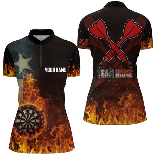 Personalized Texas Flag Fire Dartboard Dart Quarter-Zip Shirt For Women, Patriotic Women Dart Jerseys VHM1080