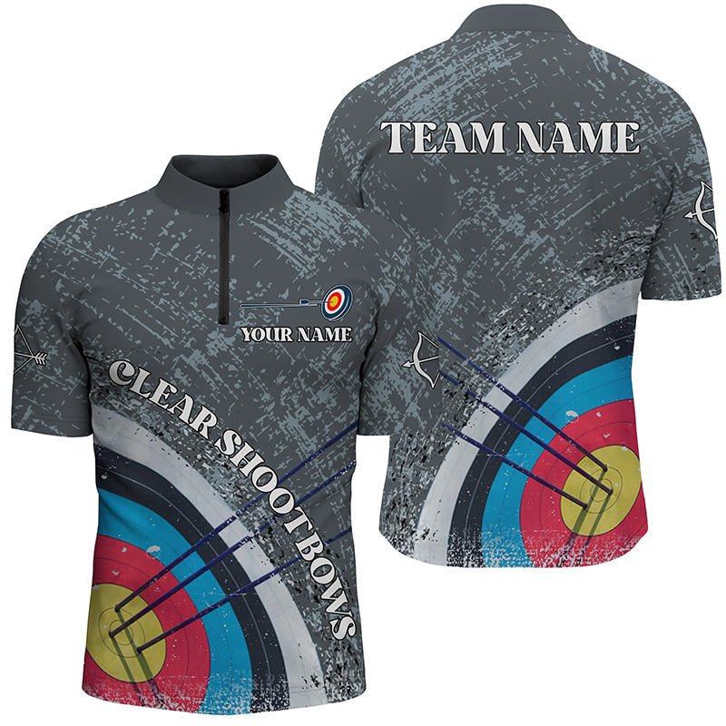 Personalized Grey 3D Target Archery Quarter-Zip Shirts For Men, Clear Shoot Bows Archery Shirts VHM0604