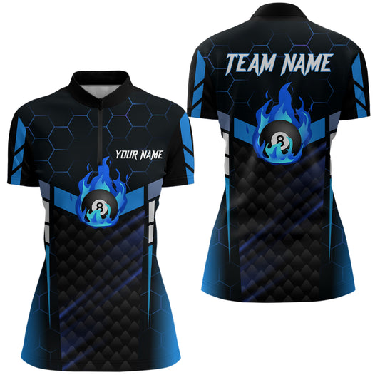 Personalized Blue Fire 8 Ball Billiard 3D Quarter-Zip Shirts For Women, 8 Ball Pool Team Jerseys VHM1017