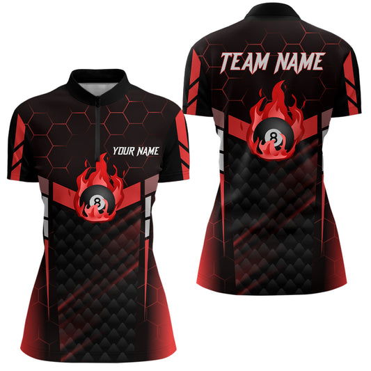 Personalized Red Fire 8 Ball Billiard 3D Quarter-Zip Shirts For Women, 8 Ball Pool Team Jerseys VHM1018