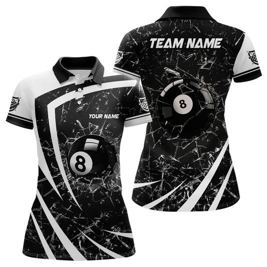 Personalized White Black Glass Break 8 Ball Billiard 3D Polo Shirts For Women 8 Ball Pool Jerseys VHM1155