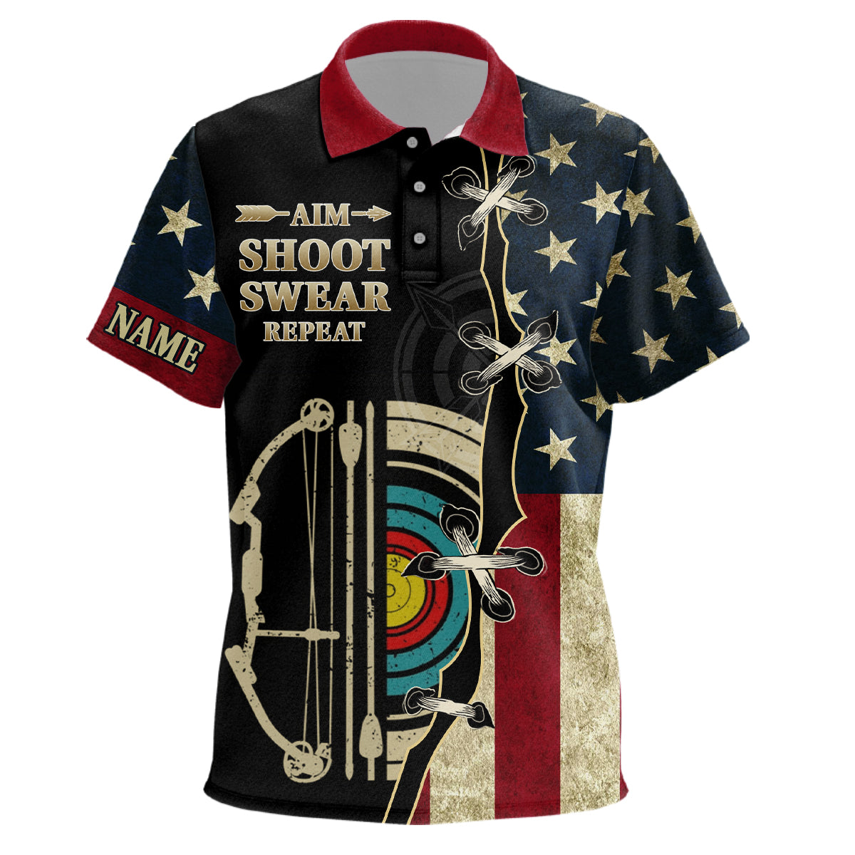Personalized Aim Shoot Swear Repeat US Flag Archery Polo Shirts For Kids Retro Target Archery Shirts VHM0660