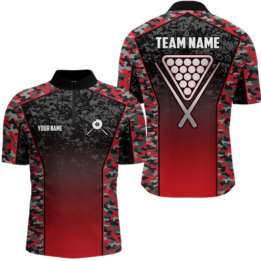 Personalized Red Camo 8 Ball Pool Quarter-Zip Shirts For Men, 8 Ball Billiard Balls Team Shirts VHM0797