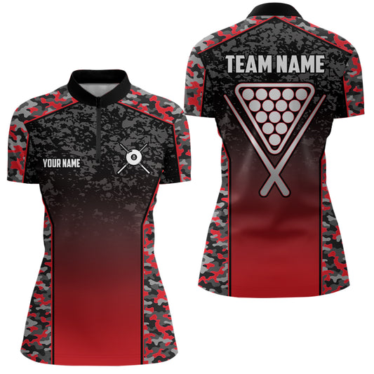Personalized Red Camo 8 Ball Pool Quarter-Zip Shirts For Women, 8 Ball Billiard Balls Team Shirts VHM0797