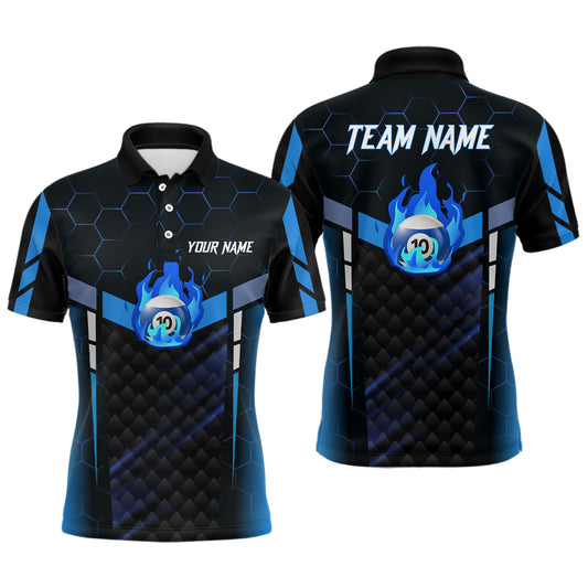 Personalized Blue Fire 10 Ball Billiard 3D Polo Shirts For Men, Custom 10 Ball Pool Team Jerseys VHM1022
