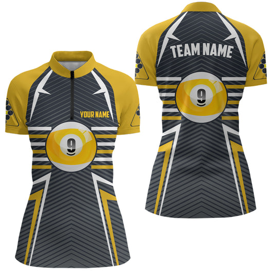 Personalized 9 Ball Pool Yellow Grey Billiards Quarter-Zip Shirts For Women, Pool Billiards Jerseys VHM0461