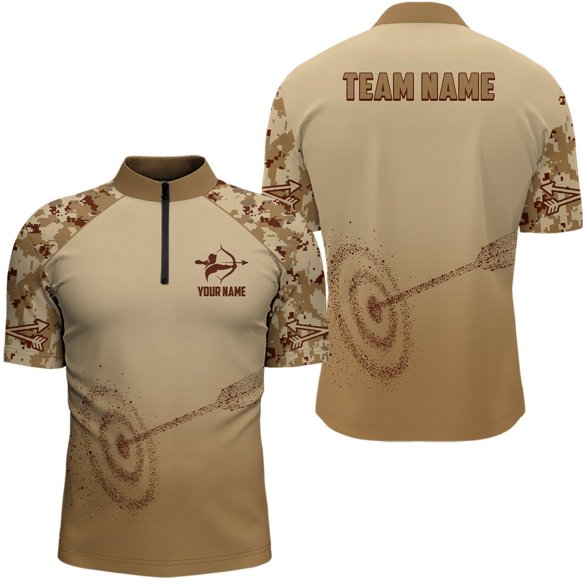 Personalized Light Brown Camo 3D Target Archery Quarter-Zip Shirts For Men, Archery Team Shirts VHM0687