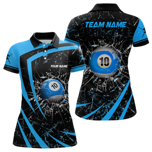 Personalized Blue Glass Break 10 Ball Billiard 3D Polo Shirts For Women, Custom 10 Ball Pool Jerseys VHM1169