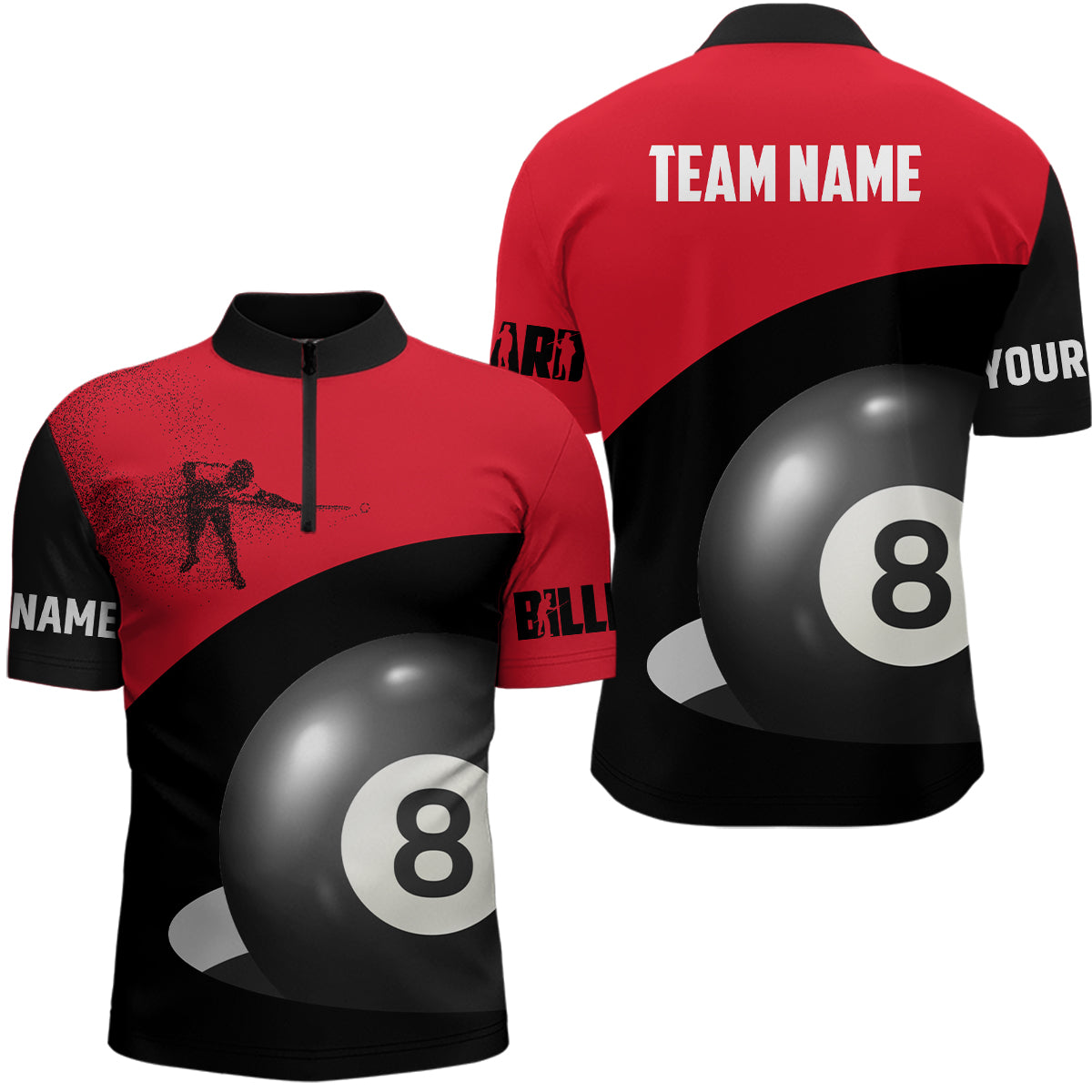Personalized 3D Funny Billiard Player 8 Ball Red Black Quarter-Zip Shirts For Men, Billiards Shirts VHM0508