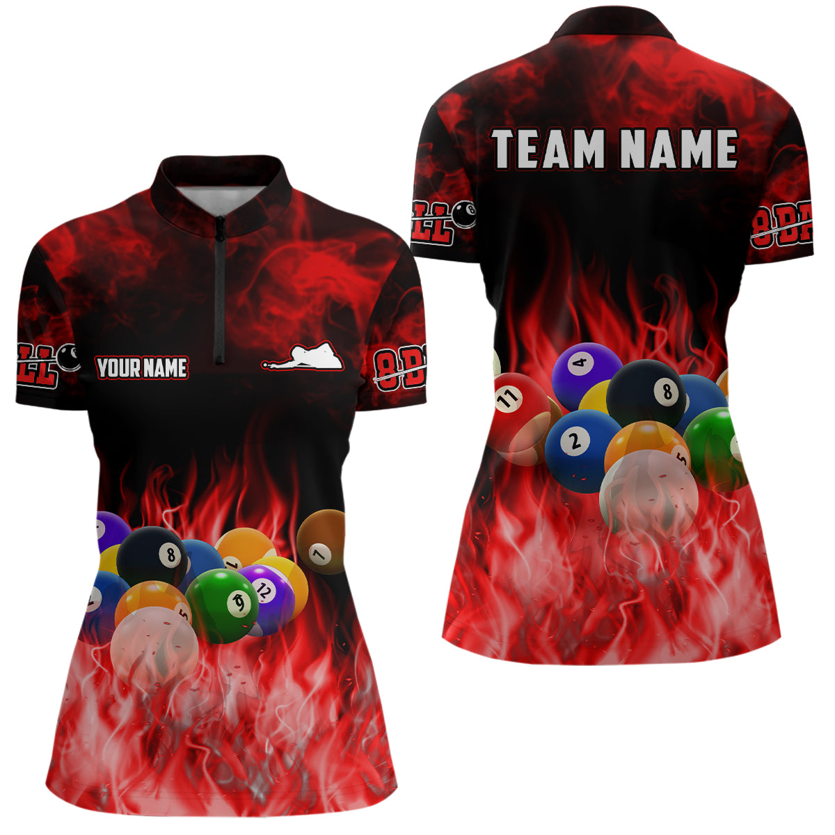 Personalized Billiard Balls Flame Billiard Red Quarter-Zip Shirts For Women, 8 Ball Pool Jerseys  VHM0517