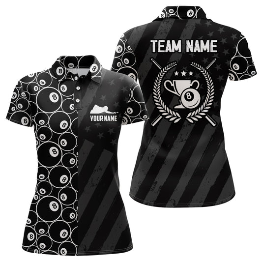 Personalized US Flag 8 Ball Billiard 3D Polo Shirts For Women, Billiard 8 Ball Trophy Emblem Jerseys VHM0076