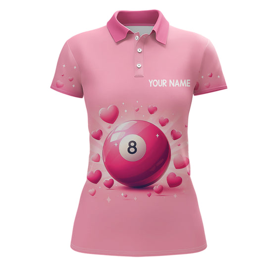 Personalized Pink Valentine 8 Ball Billiard 3D Polo Shirts For Women, Custom Billiard Valentine Gifts VHM0963