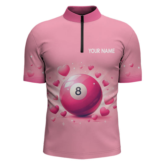 Personalized Pink Valentine 8 Ball Billiard 3D Quarter-Zip Shirts For Men, Billiard Valentine Gifts VHM0963
