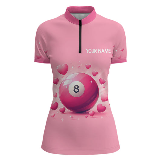 Personalized Pink Valentine 8 Ball Billiard 3D Quarter-Zip Shirts For Women, Billiard Valentine Gifts VHM0963