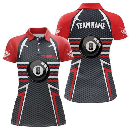 Personalized 8 Ball Billiards Red Grey Polo Shirts For Women, Custom Name Pool Billiard Jerseys VHM0291