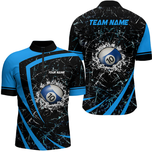 Personalized Blue Glass Break 10 Ball Billiard 3D Quarter-Zip Shirts For Men, 10 Ball Pool Jerseys VHM0971