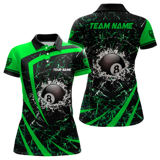 Personalized Green Glass Break 8 Ball Billiard 3D Polo Shirts For Women, Custom 8 Ball Pool Jerseys VHM0974