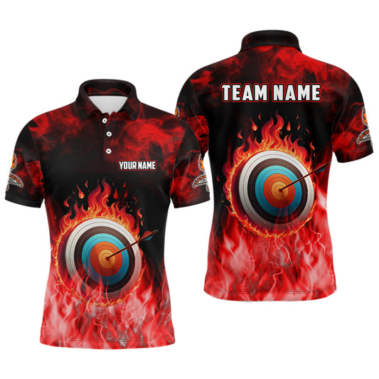 Personalized Red Flaming Target Archery 3D Polo Shirts For Men, Fire Bow And Arrow Archery Jerseys VHM0987