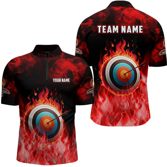 Personalized Red Flaming Target Archery 3D Quarter-Zip Shirts For Men, Bow Arrow Archery Jerseys VHM0987