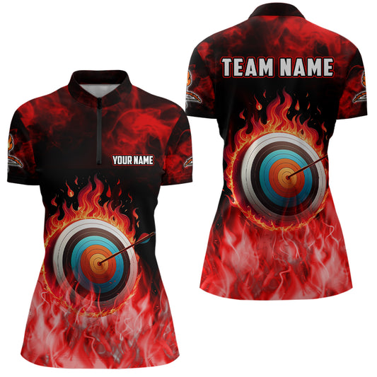 Personalized Red Flaming Target Archery 3D Quarter-Zip Shirts For Women, Bow Arrow Archery Jerseys VHM0987