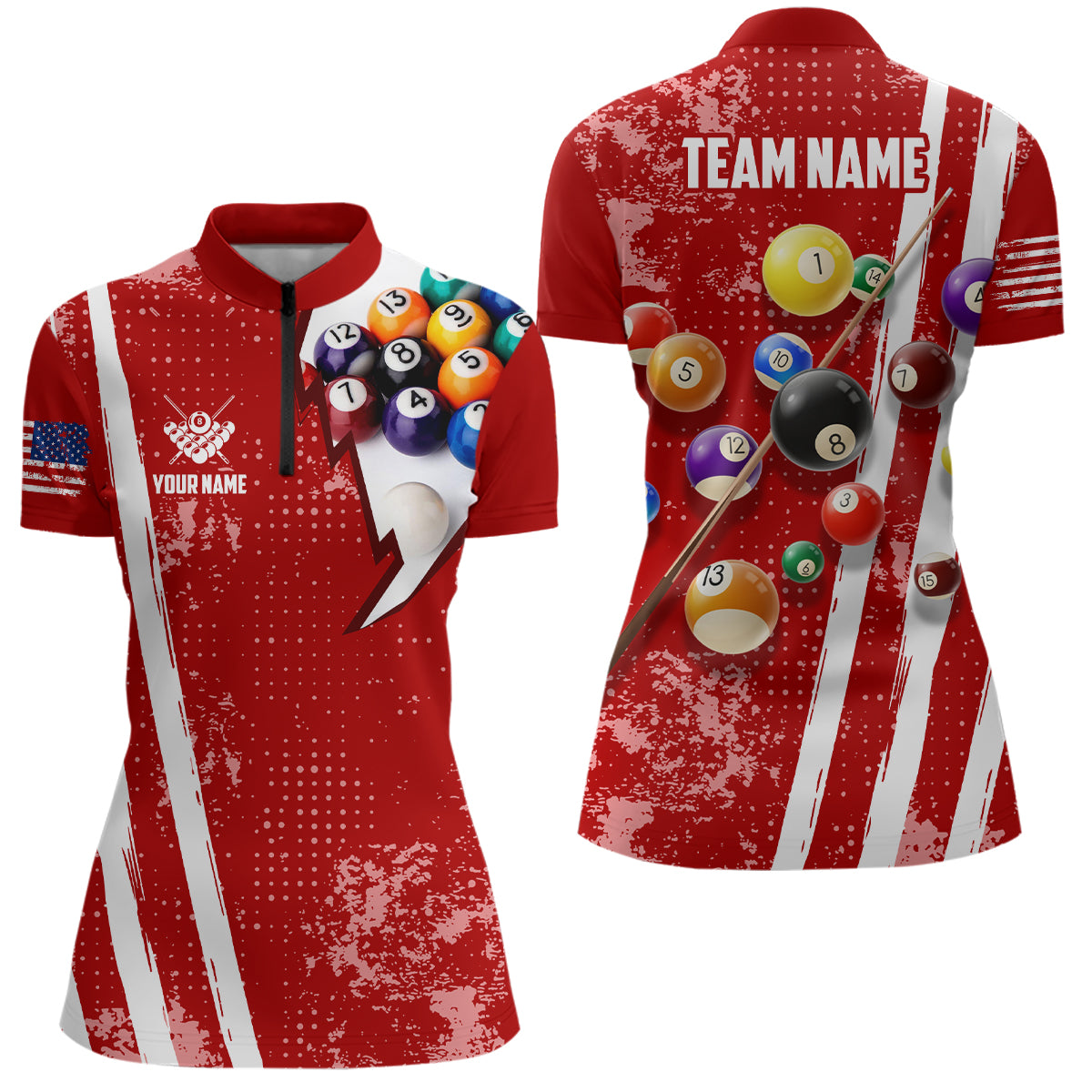 Personalized 8 Ball Pool Player Red Billiards Quarter-Zip Shirts For Women, US Flag Billiard Jerseys VHM0550