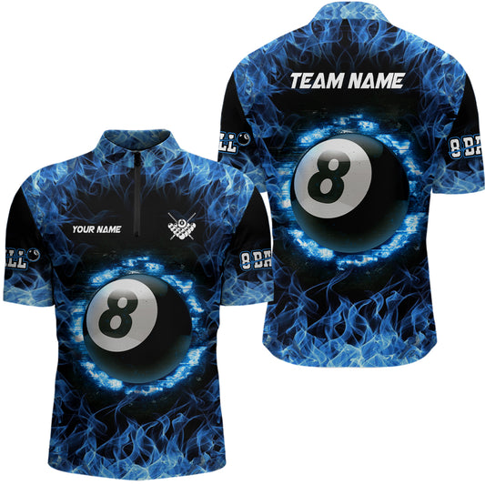Personalized Blue Fire 8 Ball Pool Billiard 3D Quarter-Zip Shirts For Men, Custom Billiards Jerseys VHM0558
