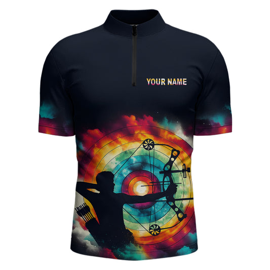 Personalized Archery Colorful Tie Dye 3D Quarter-Zip Shirts For Men, Silhouette Men Archery Jerseys VHM1002