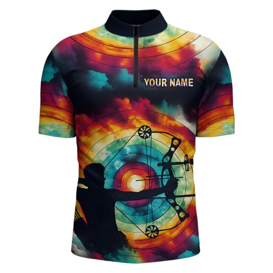 Personalized Archery Colorful Tie Dye 3D Quarter-Zip Shirts For Men, Silhouette Men Archery Jerseys VHM1003