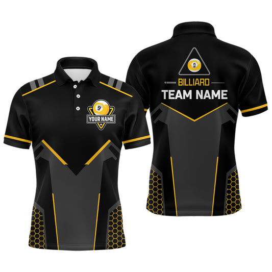 Personalized Style Black Yellow 9 Ball Billiard 3D Polo Shirts For Men, 9 Ball Pool Team Jerseys VHM1053