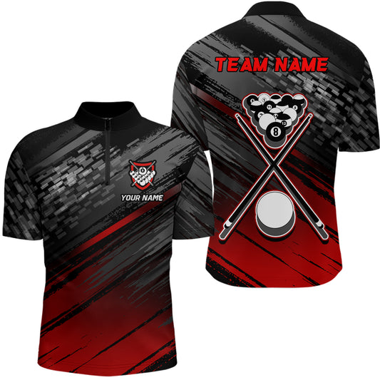 Personalized Sports Style Black Red 8 Ball Pool Quarter-Zip Shirts For Men, Billiard 8 Ball Jerseys VHM1049