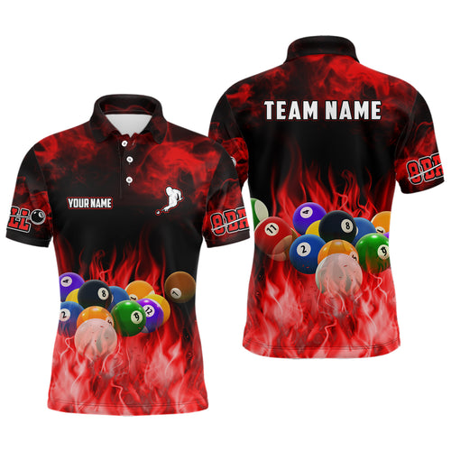 Personalized Billiard Balls Flame Billiard Red 3D Polo Shirts For Men, Custom 8 Ball Pool Jerseys VHM0348